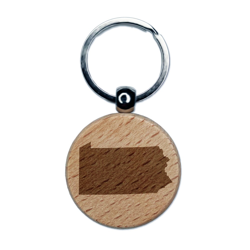 Pennsylvania State Silhouette Engraved Wood Round Keychain Tag Charm