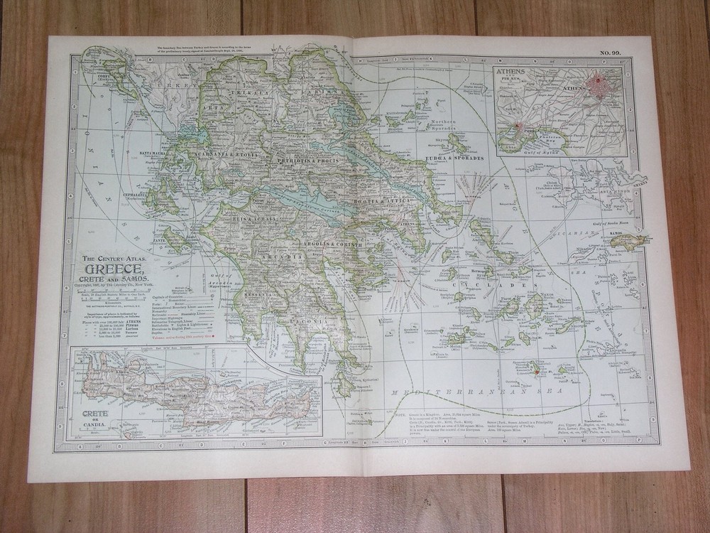 1897 Antique Dated Map Of Greece Aegean Islands Crete / Athens Piraeus Inset Map