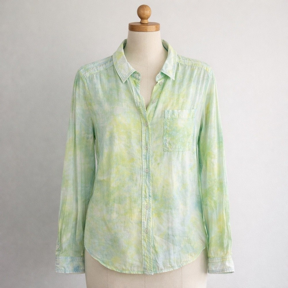 Pilcro Anthropologie Tie Dye Button Down Shirt Womens Medium Green Yellow Boho