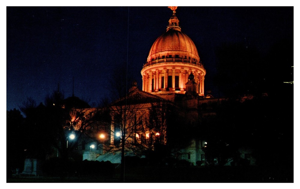 Jackson MS Mississippi State Capitol Building at Night Chrome Postcard