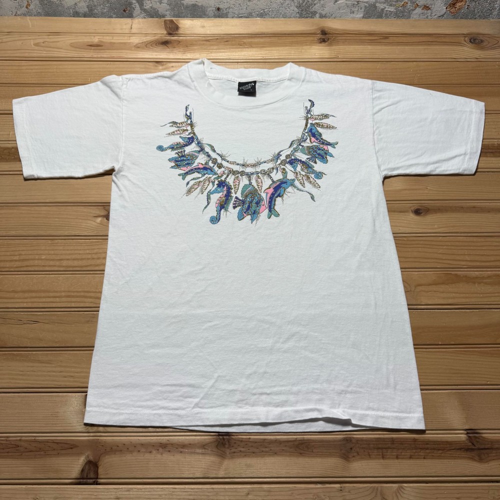 Vintage 90s Necklace Fish Shells Ocean Sea Trompe Art Souvenir T-Shirt - Large