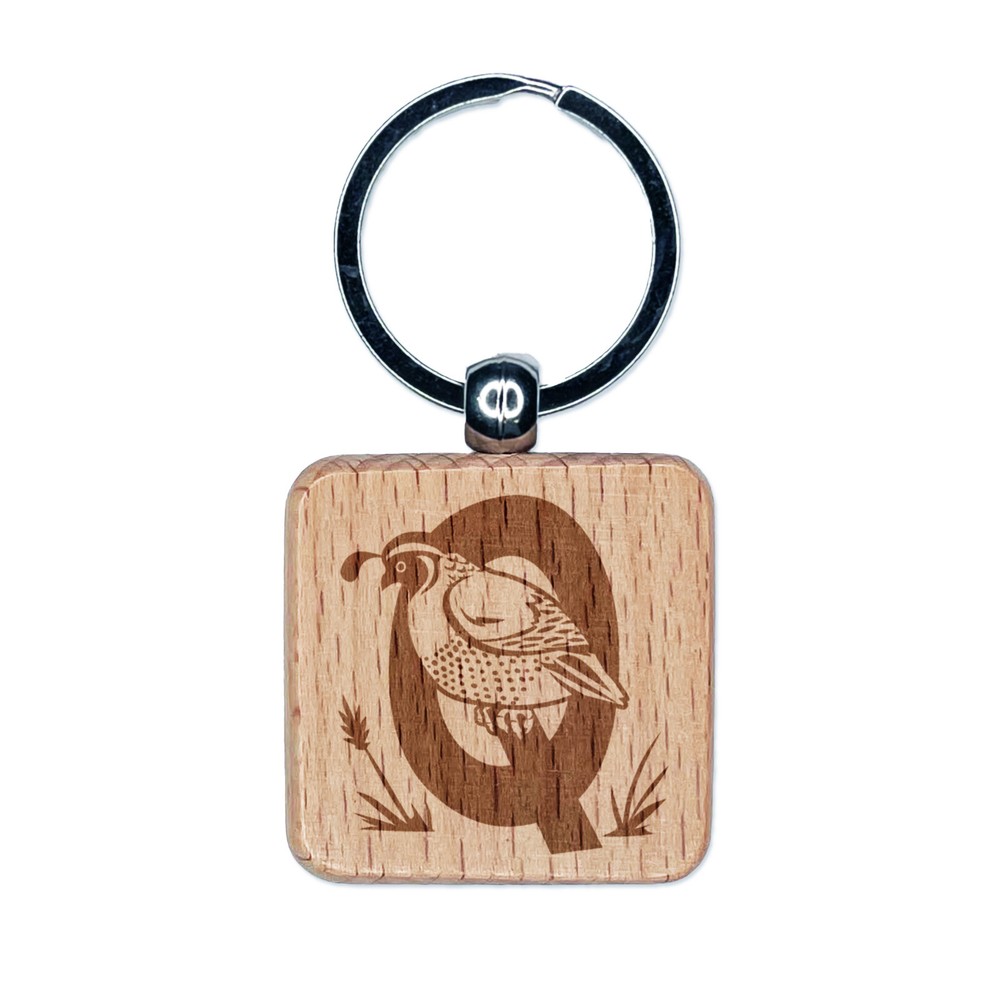 Engraved Wooden Quail Letter Q Keychain Charm Alphabet Animal  