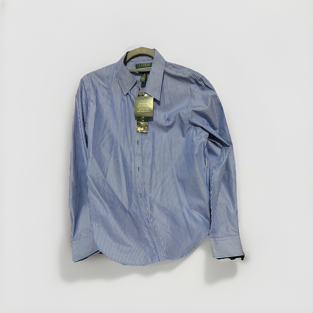 Ralph Lauren Button Down Shirt Stripped Med Blue White Logo Classic Preppy New