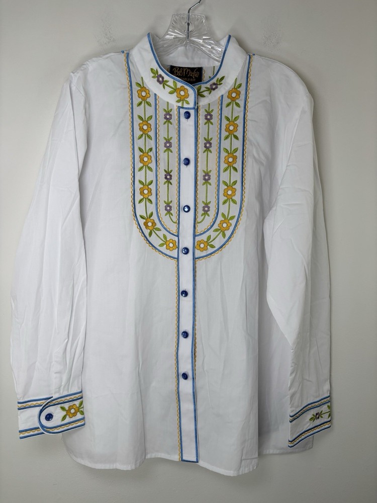 Bob Mackie Wearable Art Blouse Women’s Size Large White Embroidered Front