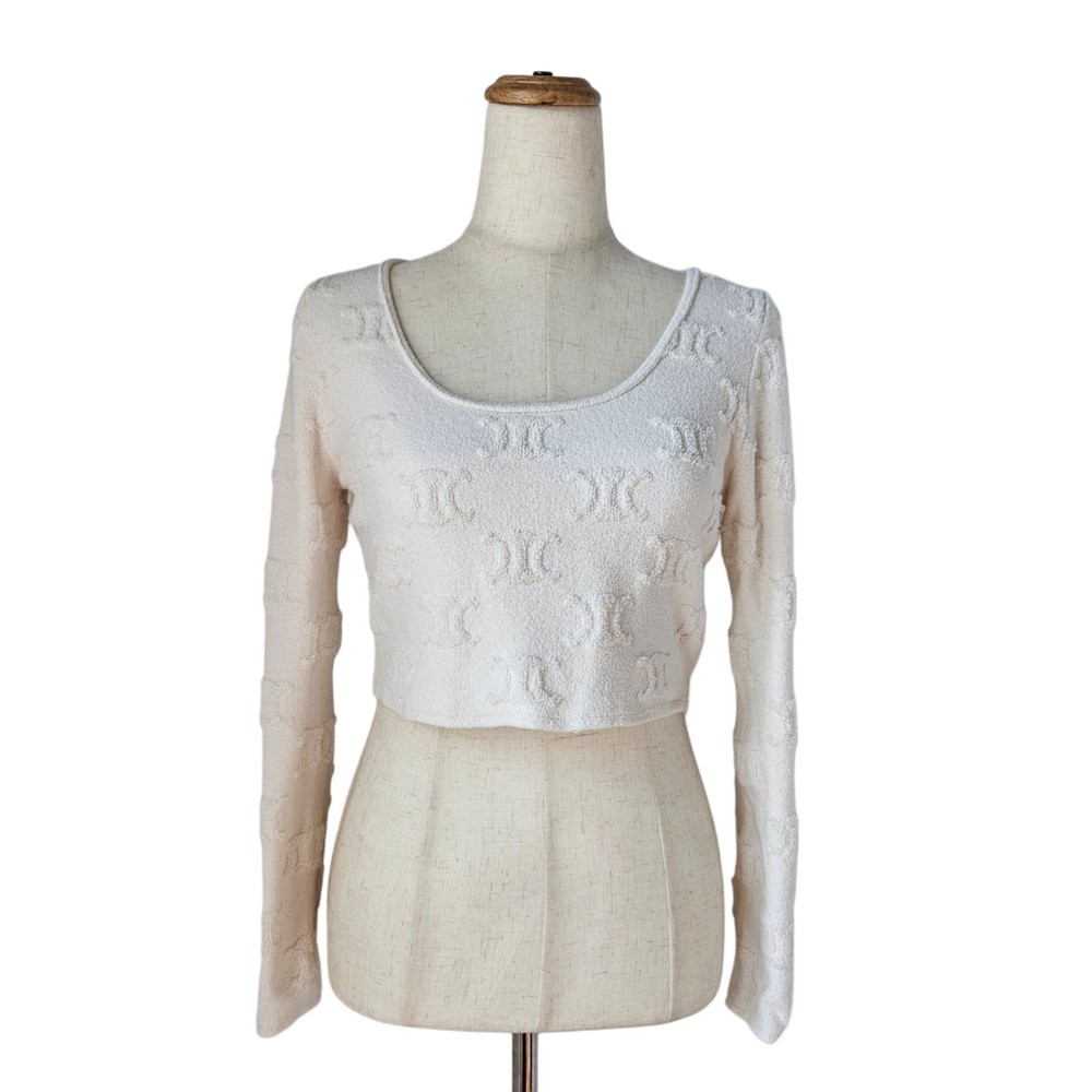 Celine White Triomphe Logo Print Long Sleeve Crop Top