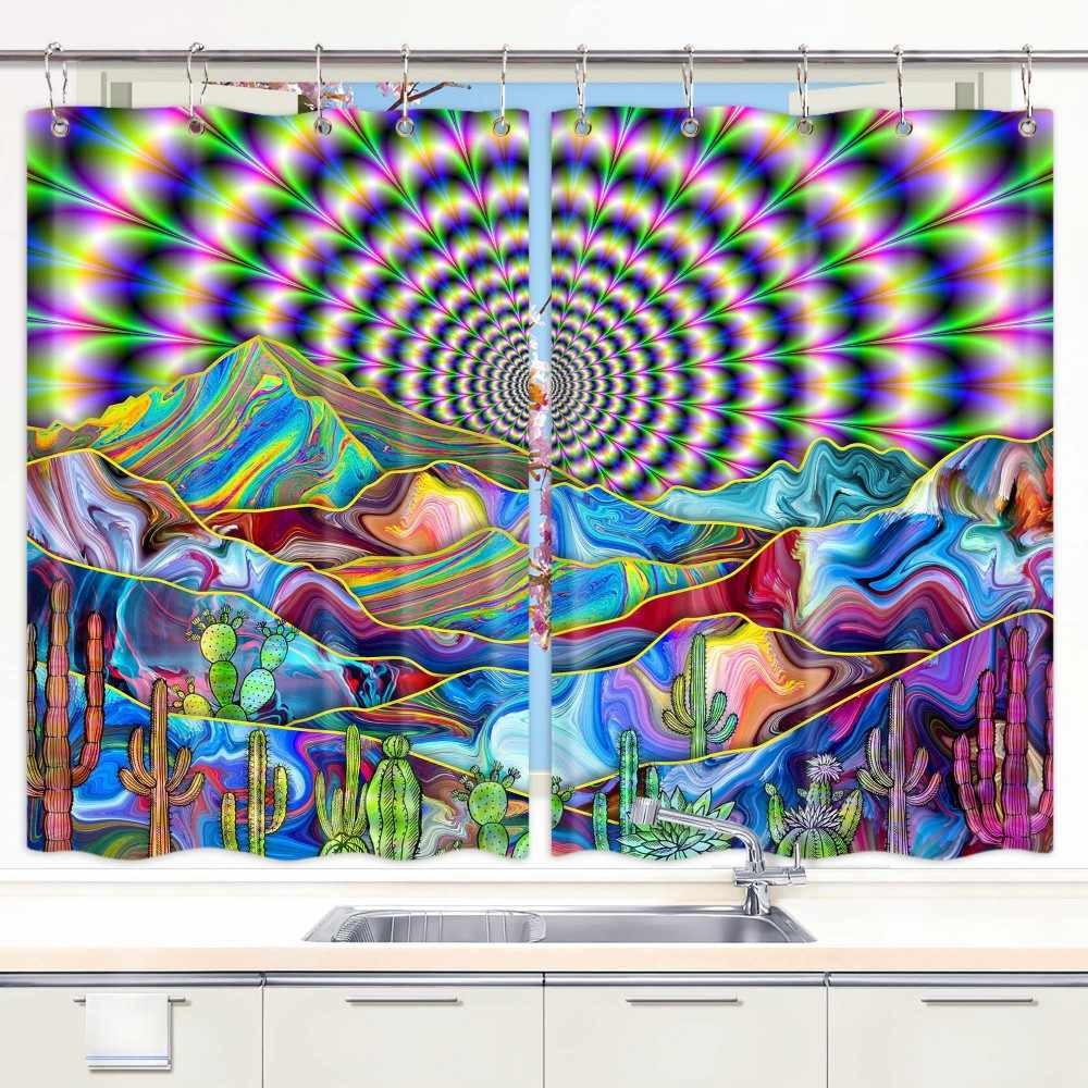 Psychedelic Abstract Kitchen Curtains 2-Panel Set with Hooks Colorful Window Drapes  -image