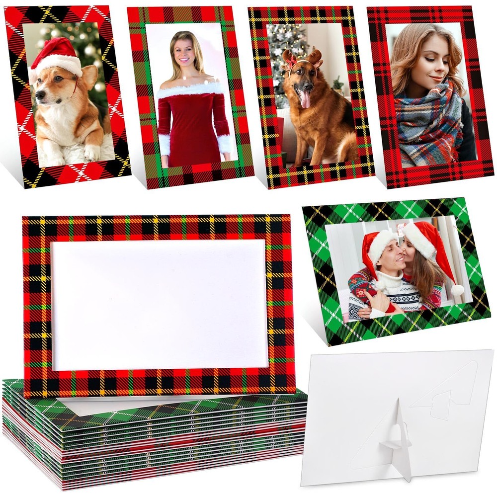 Qunclay 50 Pcs Christmas Plaid Picture Frame Ornaments 4x6 Paper Photo Frames...