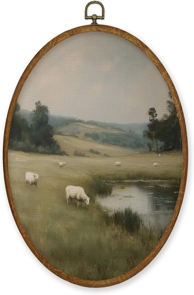 Vintage Sheep Oval Wall Art Decor, Rustic Country Oval Canvas Prints Framed, ...