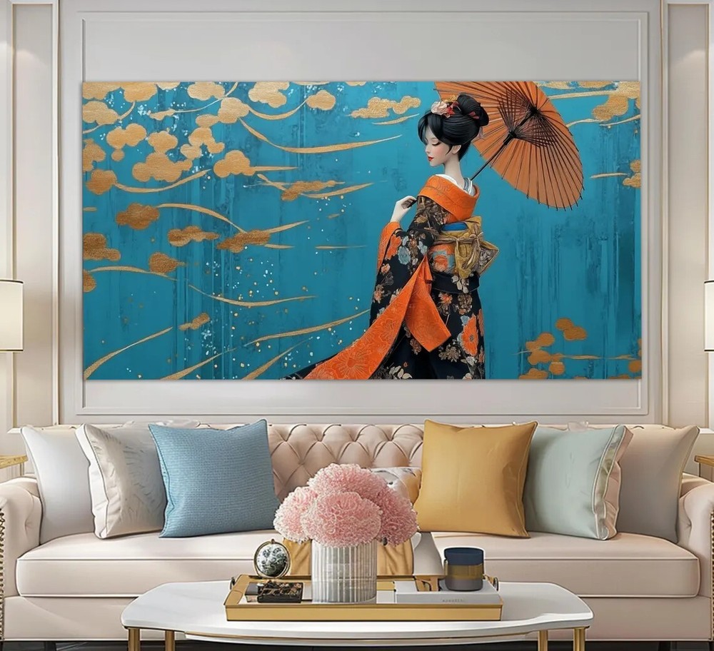 Abstract Japanese Woman with Umbrella Canvas Wall Art Print Unframed-image