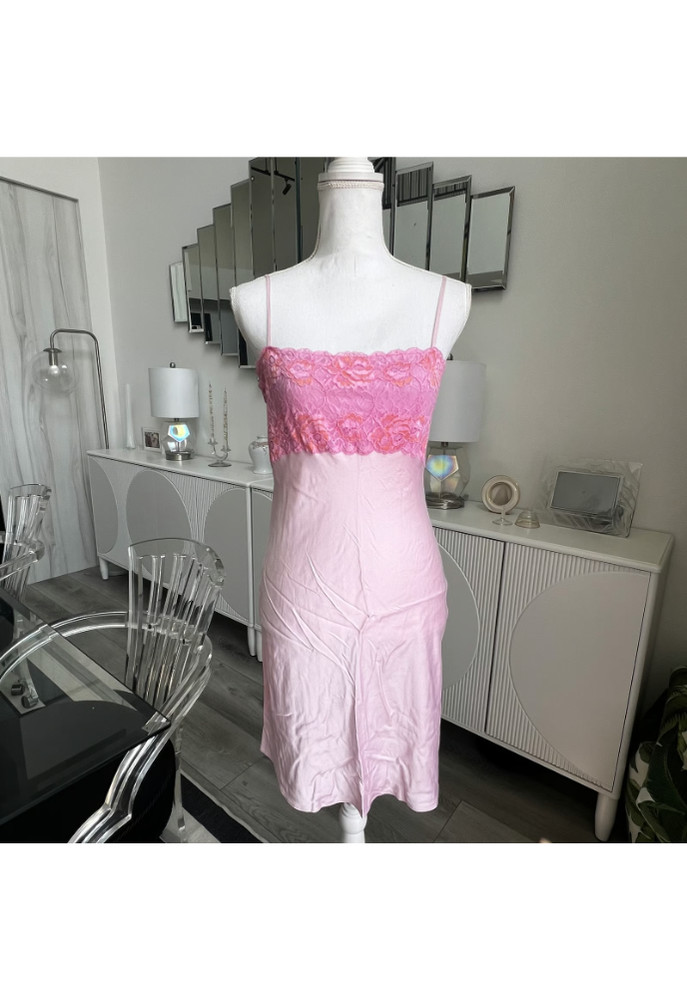 READ! Vintage Pale Pink Silk Blend Rose Floral Lace Bust Square Neck Slip Dress