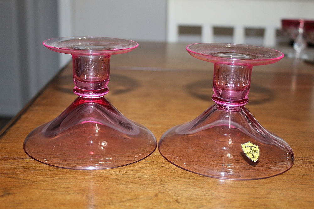 Tiffin Glass Vintage Franciscan Style Wisteria Pink Pedestal Candlestick Holders