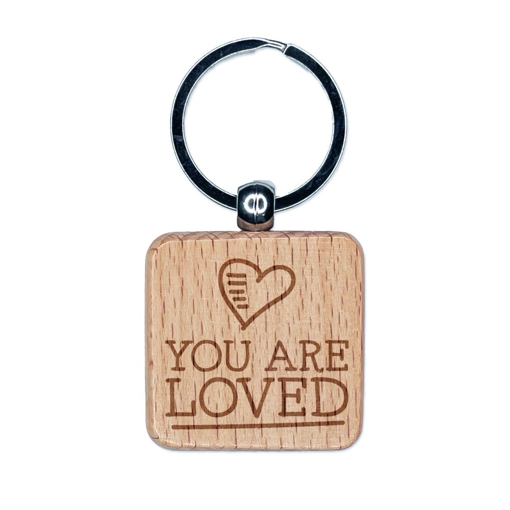 Loved Heart Doodle Engraved Wooden Square Keychain Charm