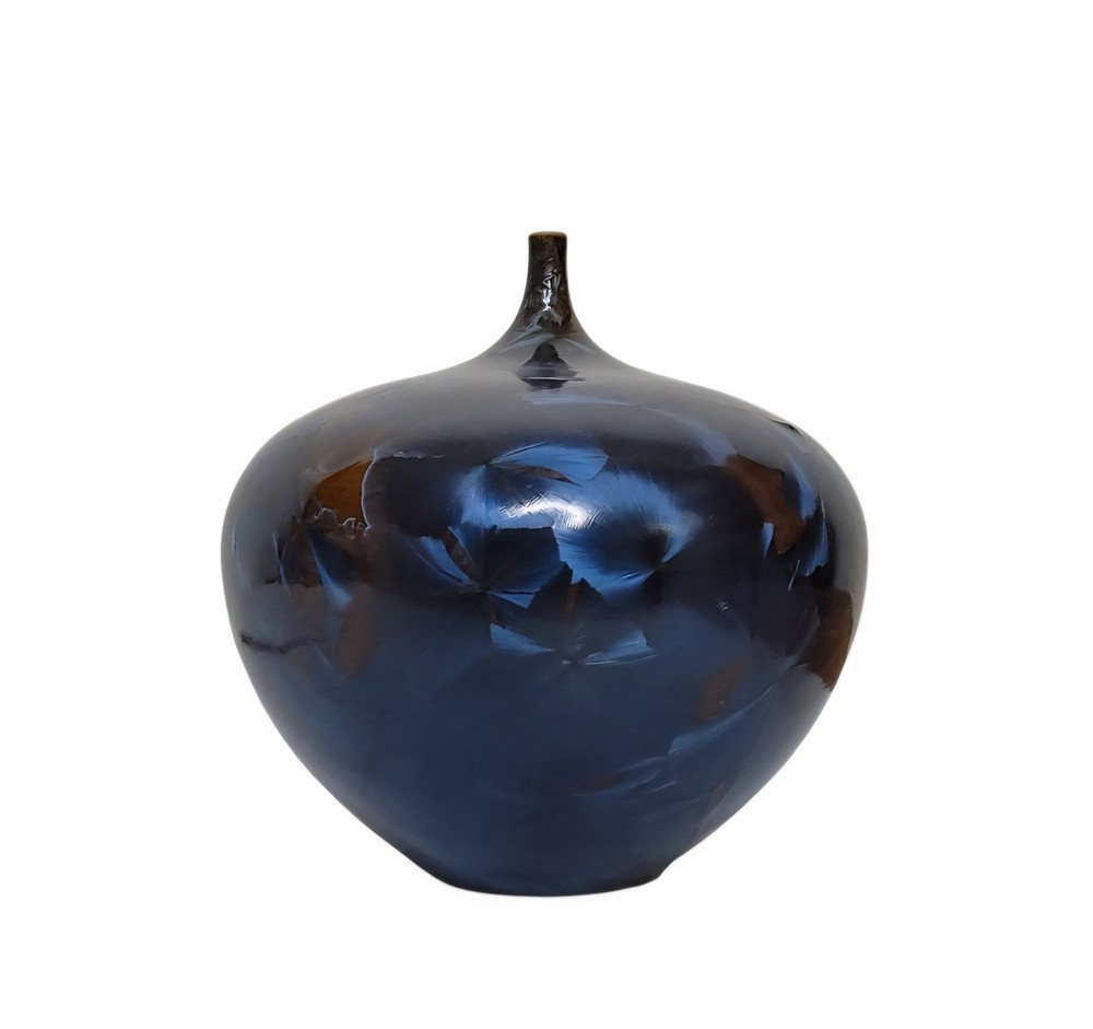 Signed Studio Art Pottery Blue Crystalline Glaze Vase Bottle Form Handcrafted
