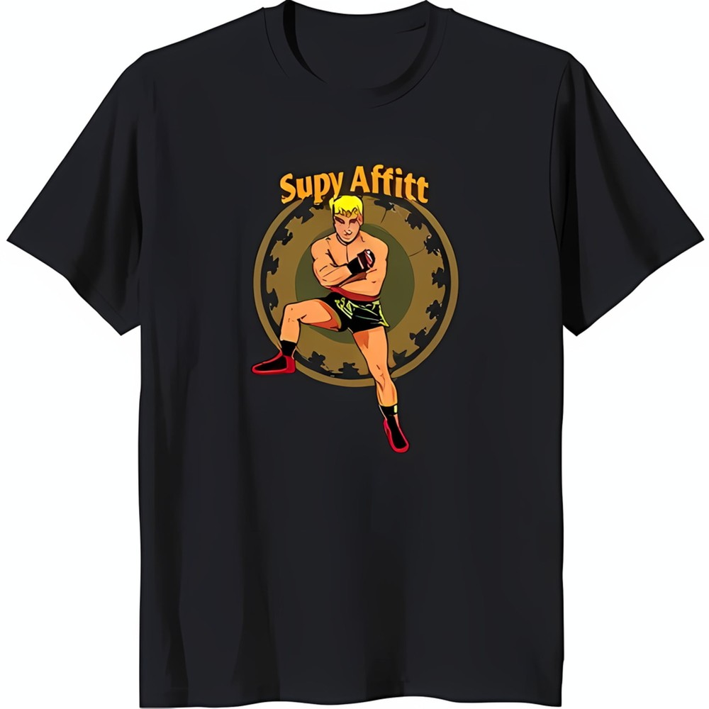 Retro Cartoon Black T-Shirt with Colorful Boxing Graphic 'Supy Affitt' Design