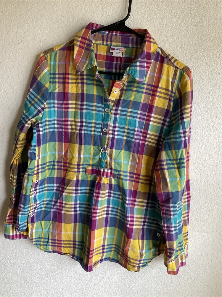 American Sweetheart Women Med Shirt Colorful Cotton Plaid Long Sleeve Pullover