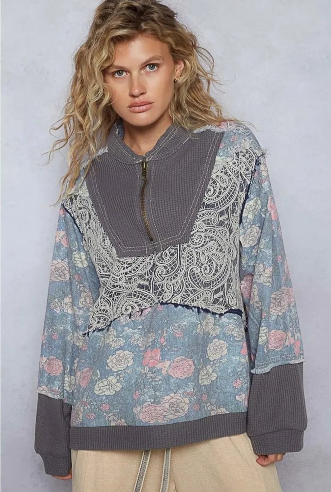 POL Floral Print Paisley Lace Half Zip Waffle Knit Long Sleeve Top