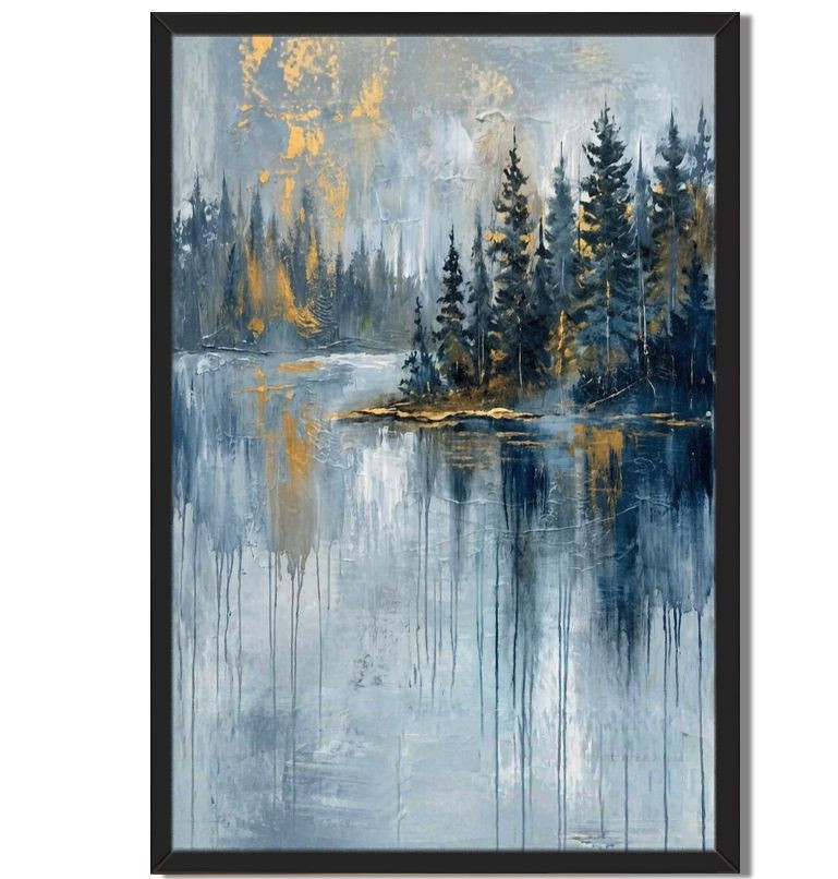 Abstract Landscape Framed Wall Art Moody Lake Pine Forest Impressionist Decor-image