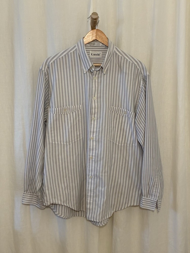 Vintage Levi's Oxford Striped Button-Down Gray White Men's Long Sleeve Size L