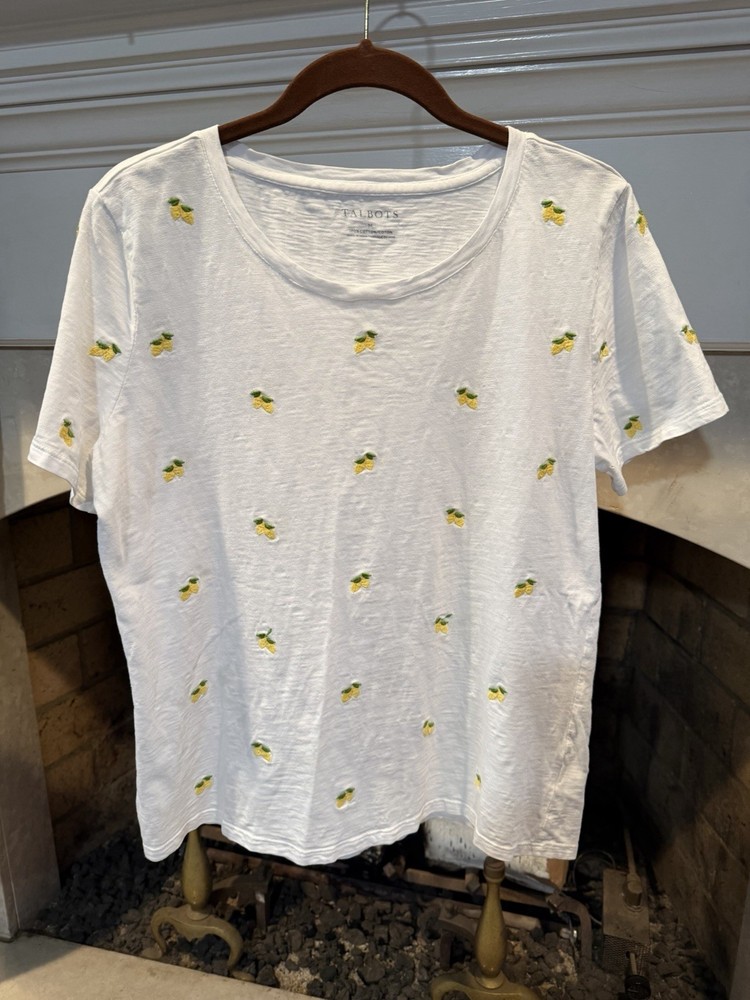Talbots White Lemon Embroidered Knit T-Shirt Womens M 100 % cotton