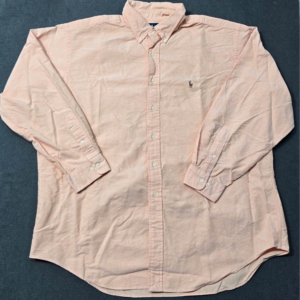 Ralph Lauren Oxford Button Down Peach Mens Long Sleeve Pony Logo Sz 17.5 34 35