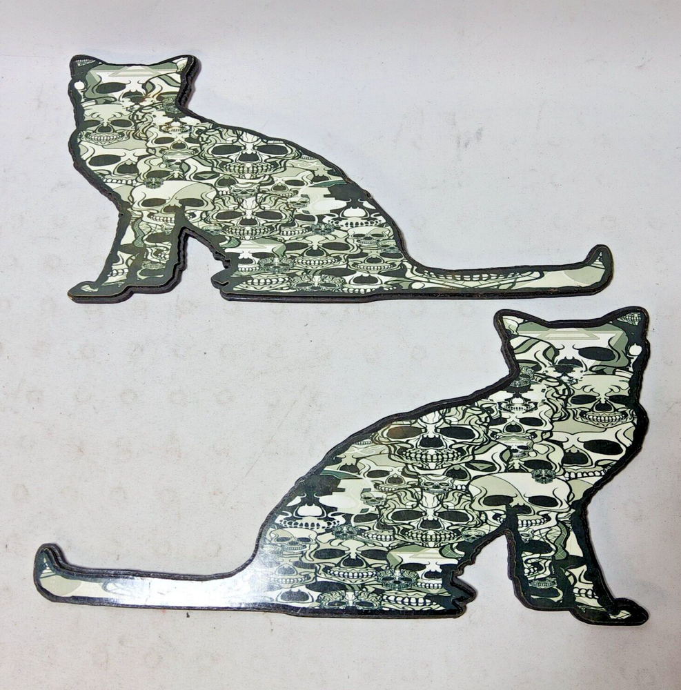 Lasercut digital art twin skulls cats 6x12 magnetic wood prints kitties by me