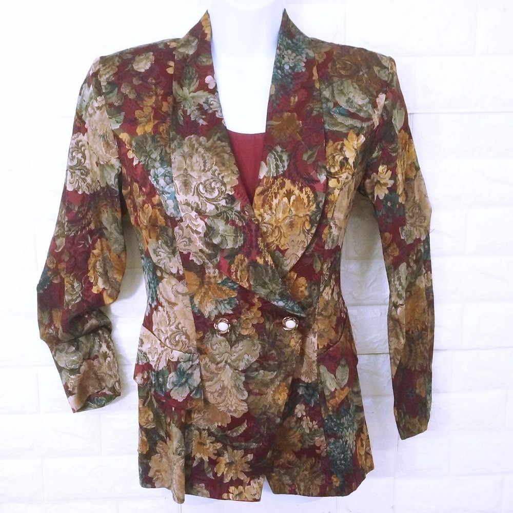 Vintage 80s Dawn Joy Floral Blazer Dbl-Breast Jacket 5/6 Shawl Lapel Dickie Wine