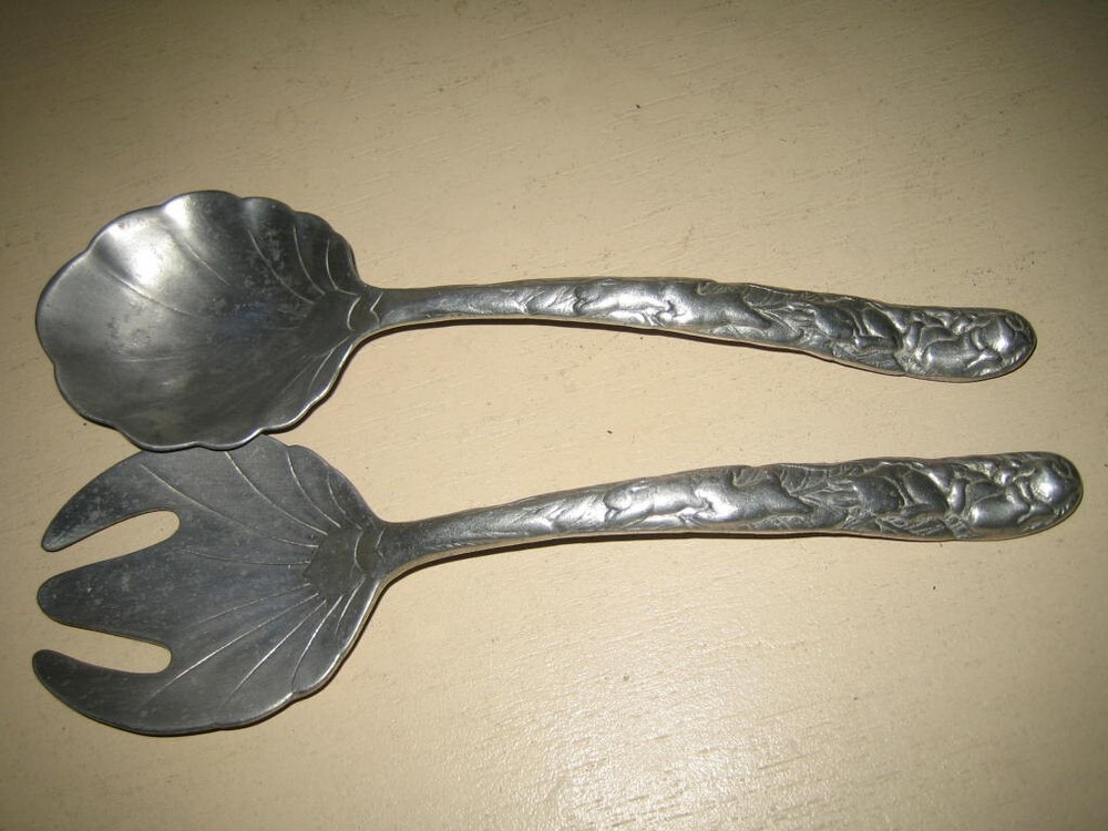 Arthur Court Vintage 1990 Salad Serving Set Fork Spoon Rabbits Bunnies Aluminum