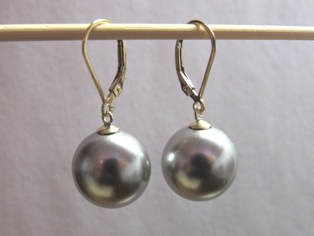 Gray Sea Shell Pearl Drop Dangle Leverback Earrings in 14K Gold