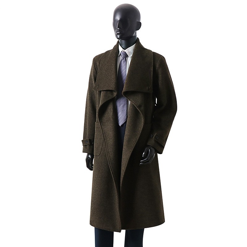 Luxury Long Loose Cashmere Coat Mens Warm Lapel Collar Knee Length Woolen Jacket