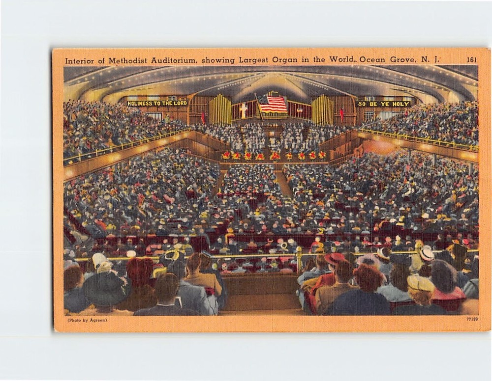 Postcard Interior View Methodist Auditorium Showing Largest Organ Ocean Grove NJ