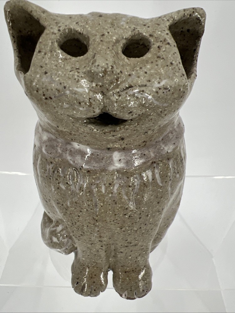 Whimsical Brown Cat Stoneware Pottery Signed L. Kroner Open Ears Eyes Mouth Vase