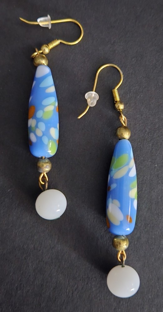 Art Glass Dangle Drop Earrings Vintage Multi Color 2.5