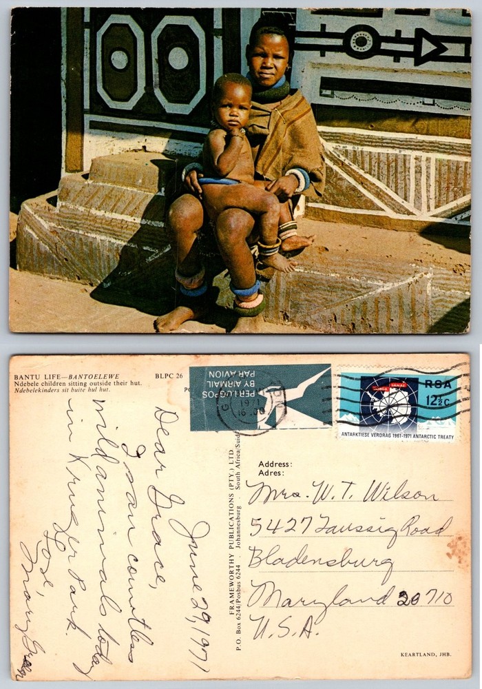 1971 Ndebele Children South Africa Postcard Bantu Life Traditional Hut Culture