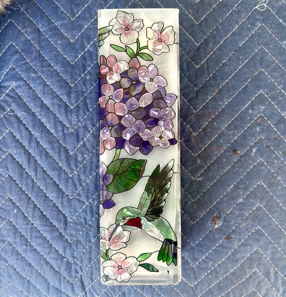 Joan Baker Vase Stained Glass Hand Painted Hummingbird Flowers Purple Green