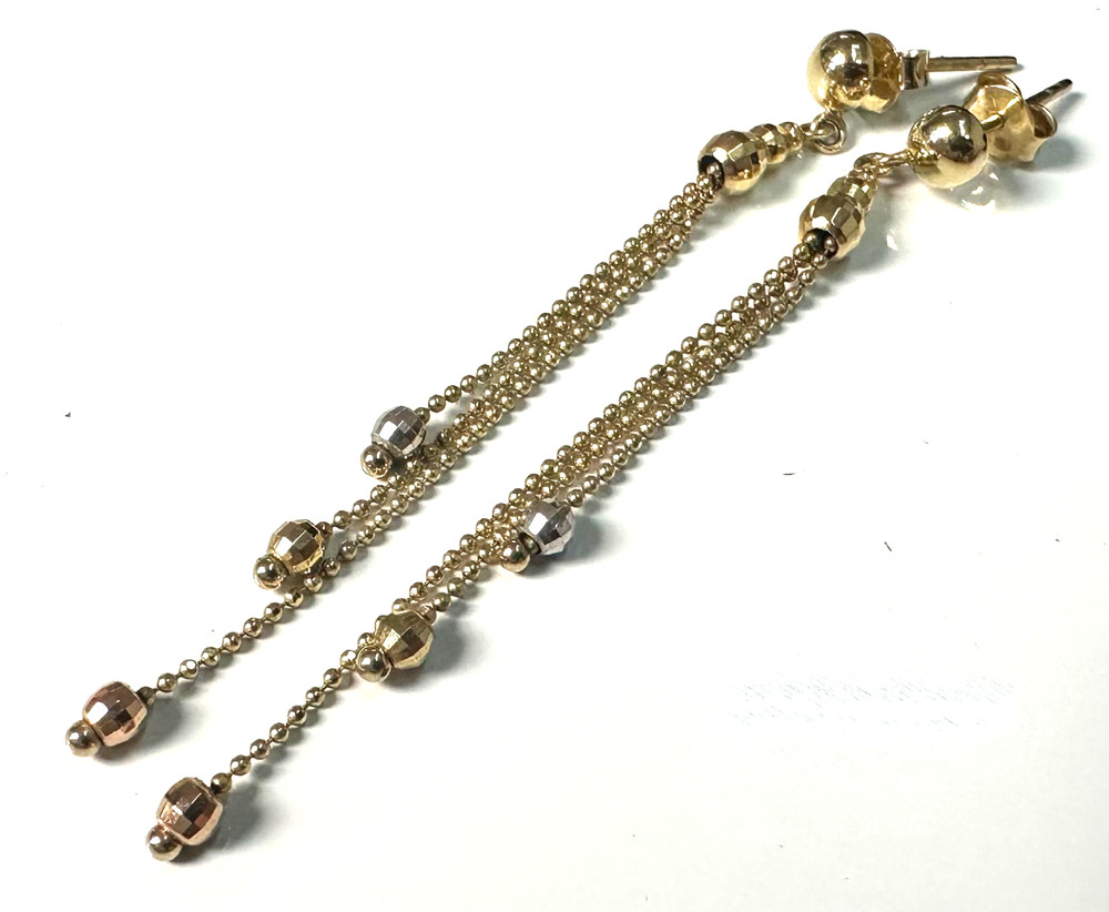 585 YELLOW GOLD Stamped Beaded Dangle Drop Pierced Earrings 2.72 Grams Backs 14K
