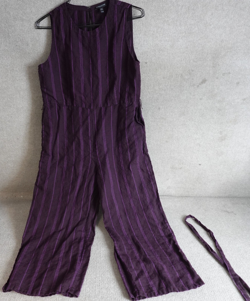 Eileen Fisher Womens Jumpsuit Large Petite Purple Striped Organic Linen