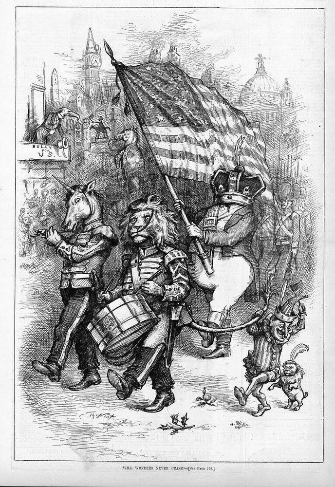Thomas Nast British Lion Drums Lord Mayor Flag Political Cartoon Art