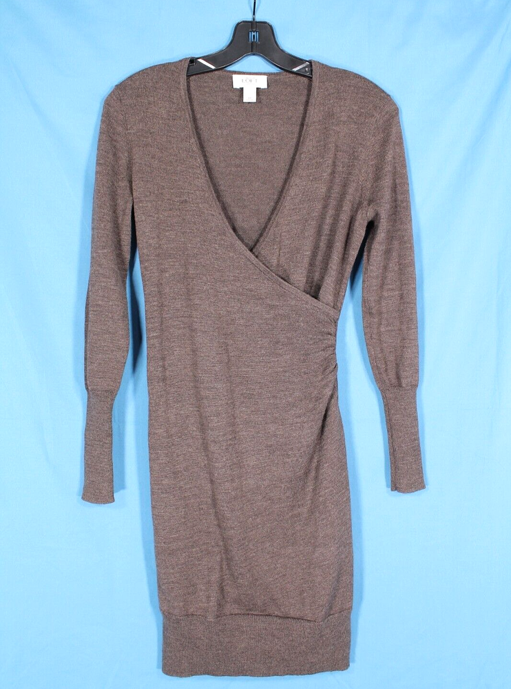 LOFT PETITE Ann Taylor MERINO WOOL Brow FAUX WRAP Ribbed Tim SWEATER DRESS Sz PS