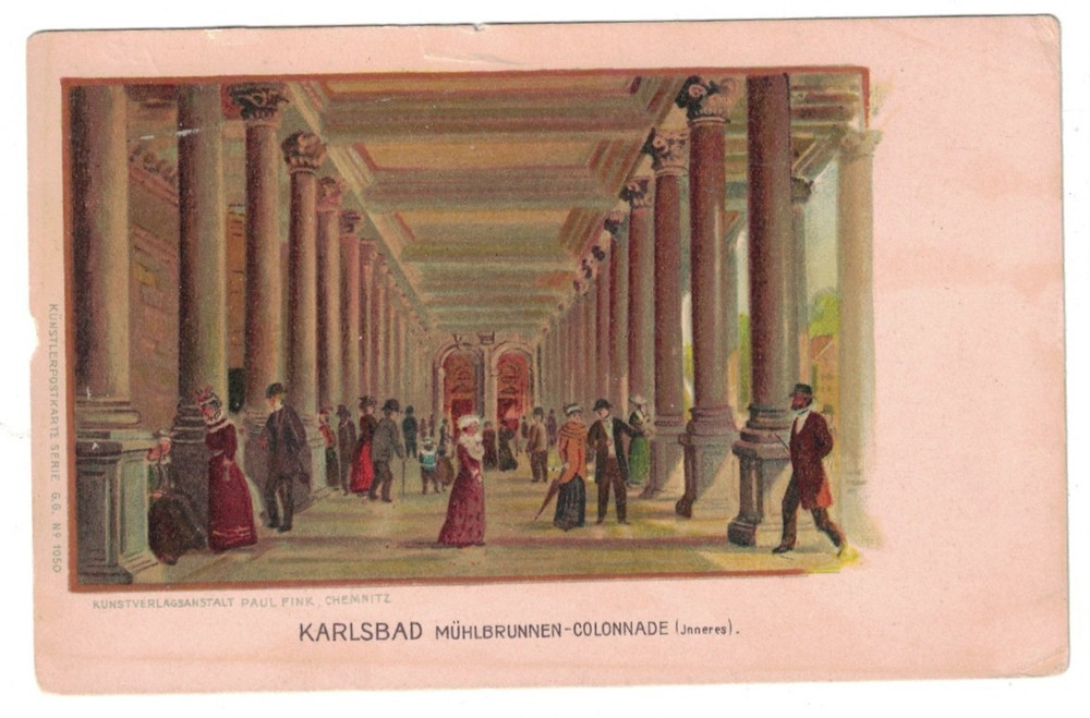 Antique 1905 Muhlbrunnen Colonnade Karlsbad Germany Chromolithograph Postcard