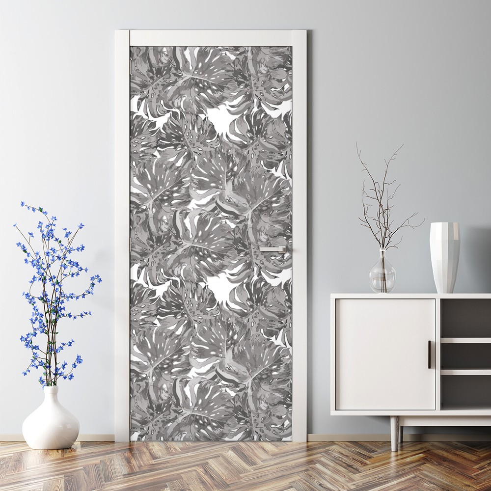 Grey Palm Leaf Modern Pattern Bubble Free Door sticker Adhesive Decal Decor