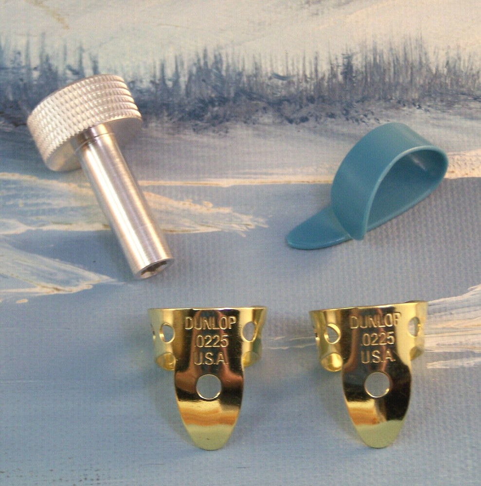 PEDAL STEEL GUITAR PLAYERS ~ .0225 BRASS ~ MED BLUE 52M ~ 4 PC PICKS / TUNER SET