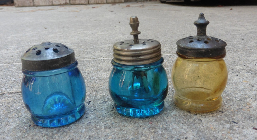 1880s Northwood Glass Blue & Amber Opalescent Salt Shaker Lot 3 Different Lids