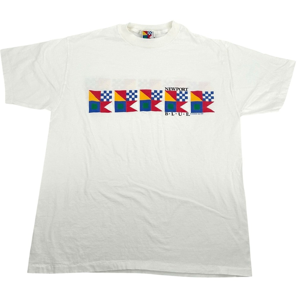 Vintage 80s Men's White Newport Blue Nautical Flags Double Sided T shirt sz XL