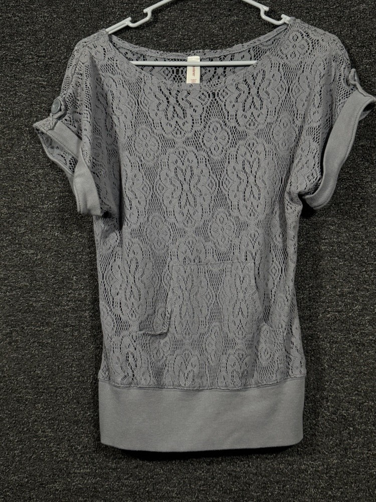 No Boundaries Juniors Girls Grey Sheer Top Rolled Sleeves Size M (7-9)