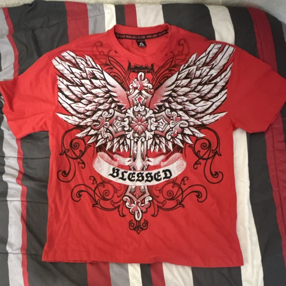 Affliction Style T-Shirt Vintage Y2K BLESSED, Size Large,Brand Rebellion Culture