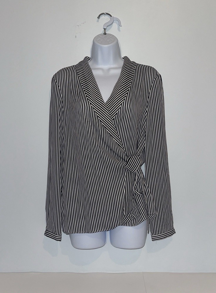 Women’s Adrianna Papell Blouse Large Black White Striped V Neck Waist Tie Top