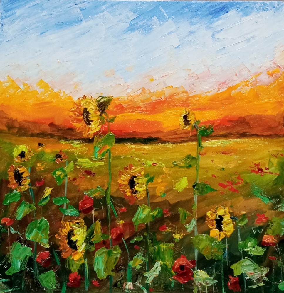 Original Oil Painting Sunflower Field Sunset Landscape, Ukrainian Art, Nature