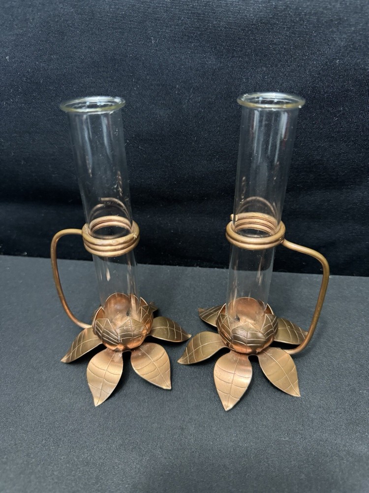 2 Vintage 1950s SCHAEFER'S Copper Bud Vase w/ Lotus Flower Base 3 1/2 x 6 1/2