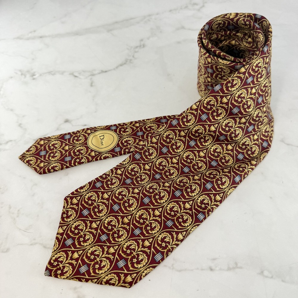 Christian Dior Silk Tie Red Gold Floral Pattern Designer Neck Tie France