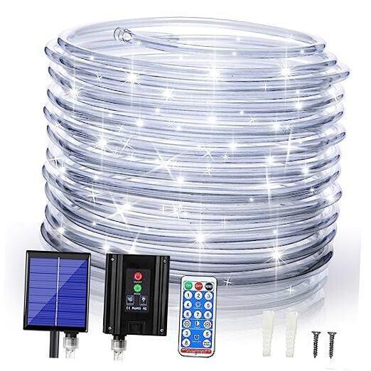 Solar Outdoor Rope Lights, 66ft 200leds Solar Powered Rope white-solar powered